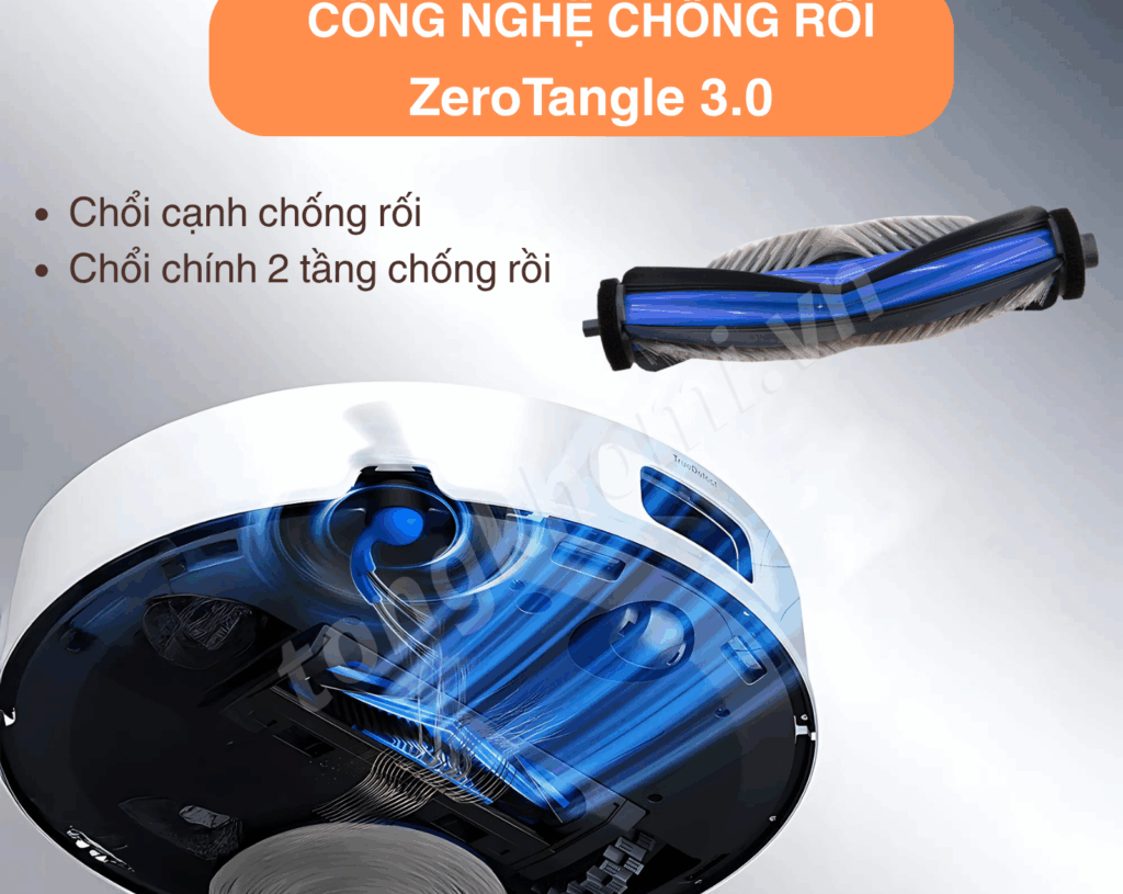Công nghệ chống rối với chổi cạnh và chổi chính 2 tầng của Robot Ecovacs T80 Omni