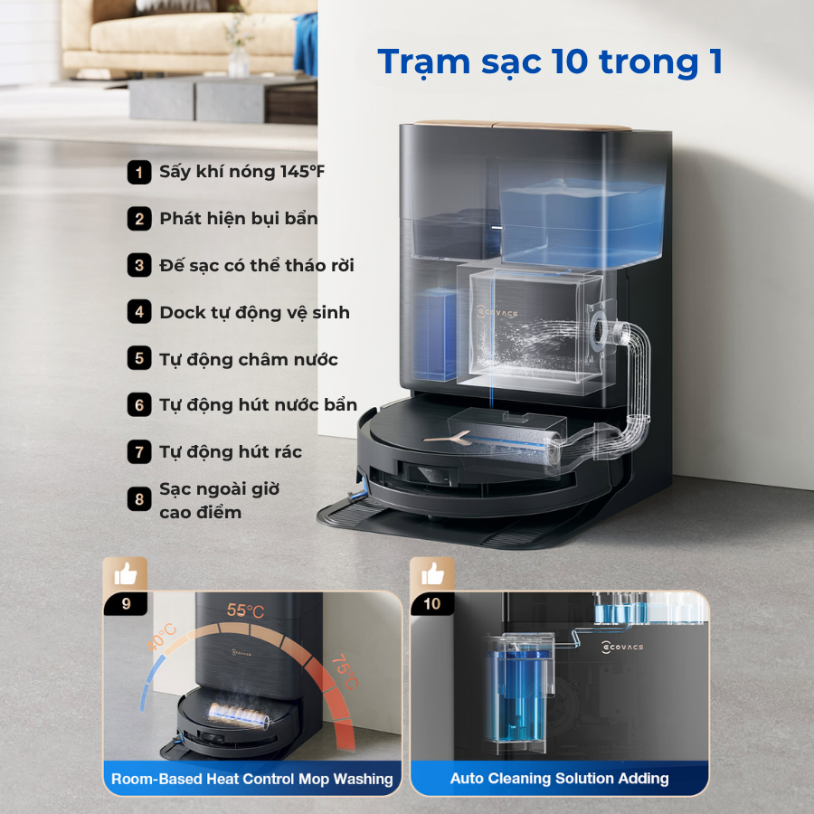 Trạm sạc toàn năng tự pha nước lau sàn trên robot X9 Pro Ecovacs