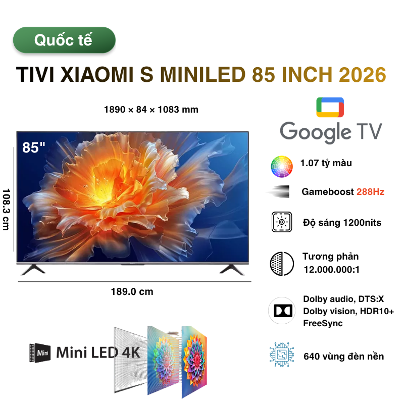 Tivi Xiaomi S miniLED 85 inch bản quốc tế 2026 chính hãng giá tốt