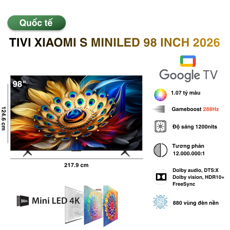 Tivi Xiaomi S miniLED 98 inch bản quốc tế 2026 chính hãng giá tốt